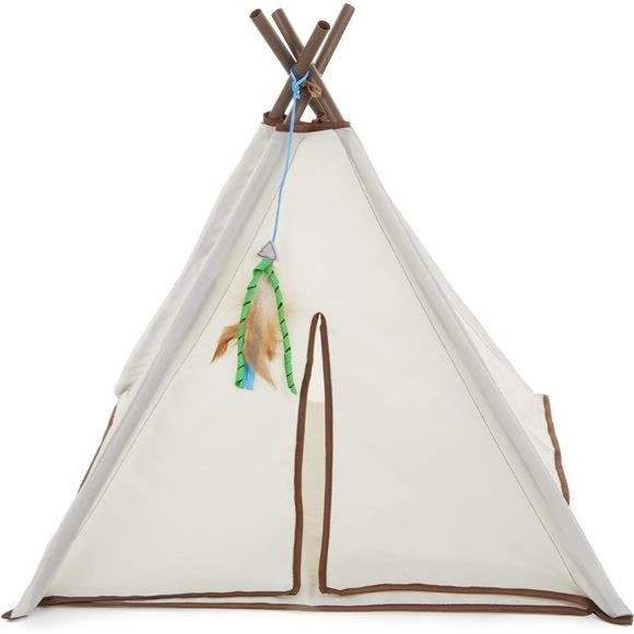Other - Kitty Camp Crinkle Cat Tent Hideaway with Feather Toy - Beige, One Size